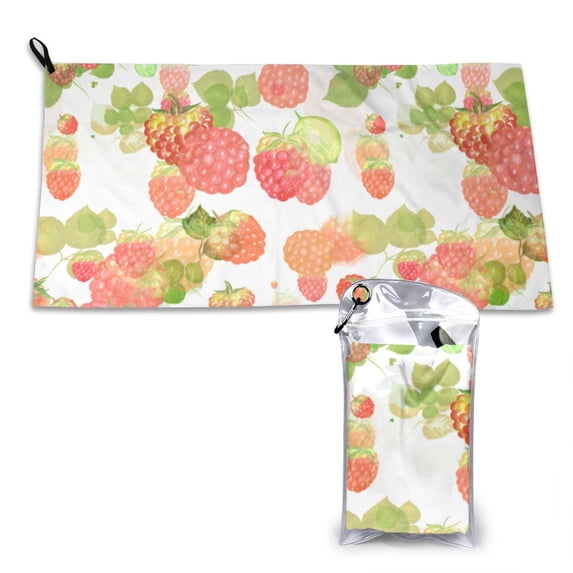 YFYANG Adult Microfiber Portable Travel Towel, Raspberries Leaf Watercolor Quick Dry Towel with Hiking Buckle PVC Pouch, 16" x 31.5"