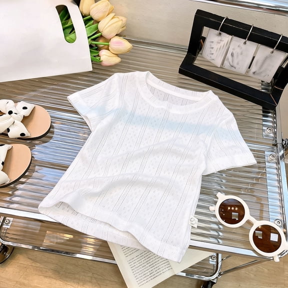 Summer Short Sleeve Grid Round Neck Breathable Girls Solid Casual Tee For Toddler KidsWhite1-2 Years