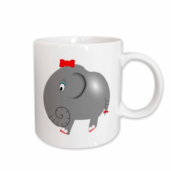 3drose, Cute Little Gray Elephant with Red Bow, 15oz Mug