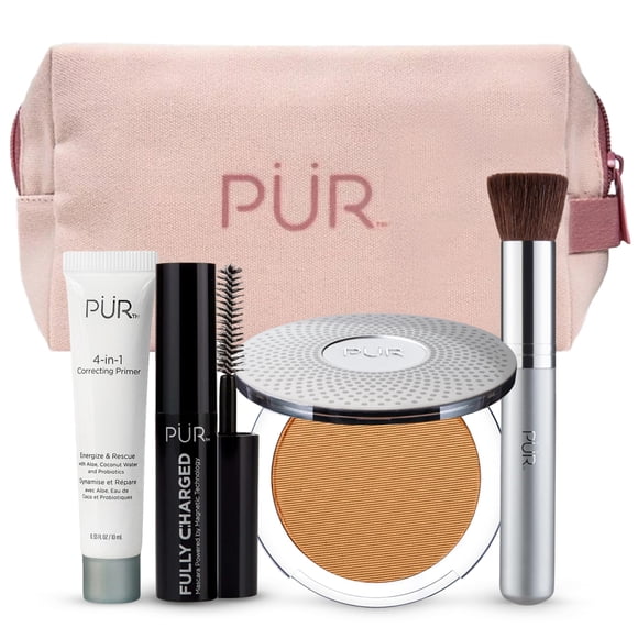 PR Minerals Multitasking Essentials Kit Medium Dark - Set de regalo de maquillaje que incluye imprimación correctora 4 en 1, máscara cargada, polvo mineral prensado 4 en 1 y 1 cepillo de cincel