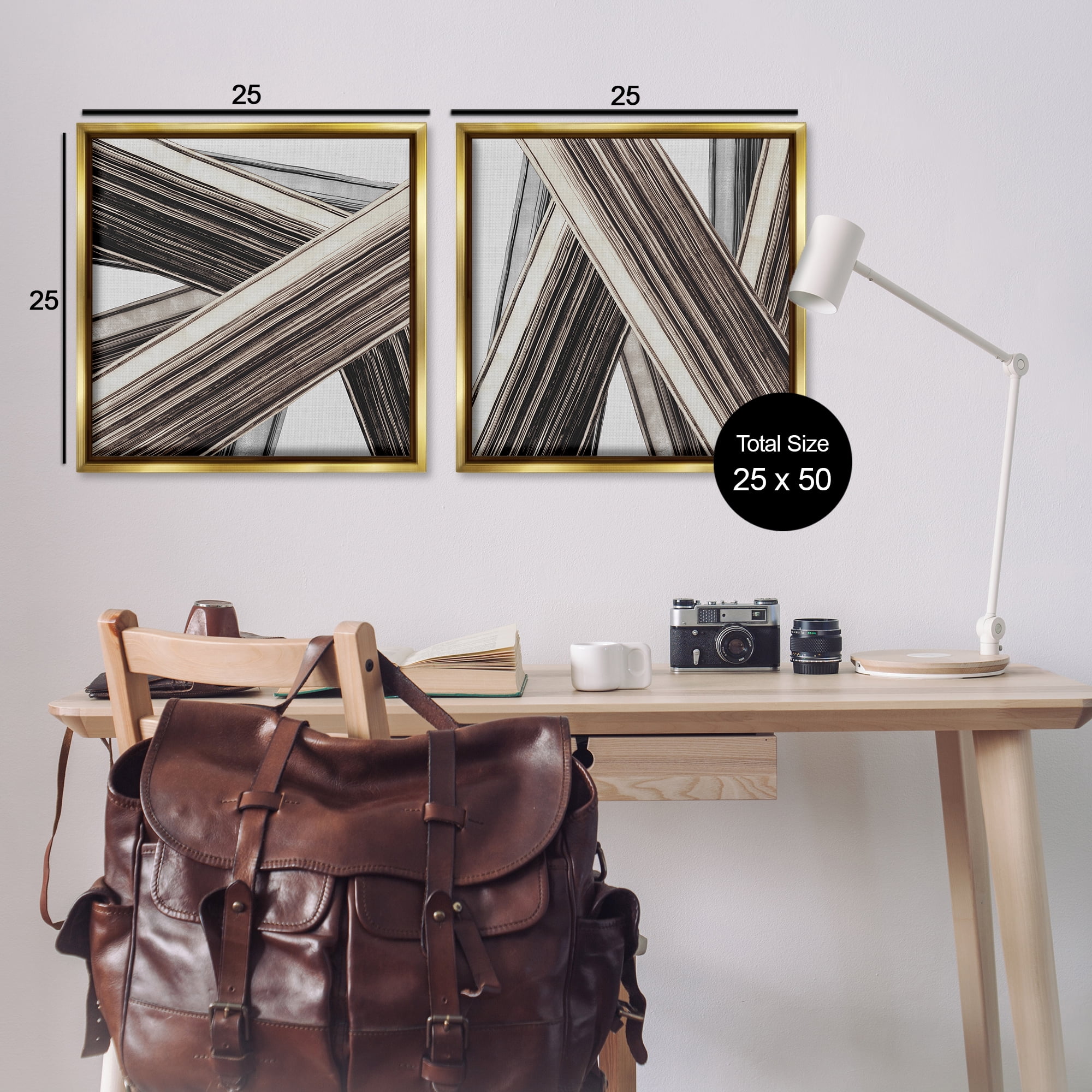 Stupell Industries Industrial Linear Crisscross Abstract Painting Gold Floater Framed Canvas Art Print Wall Art, 25 x 25, Set of 2