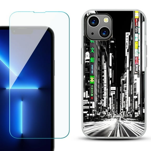 Slim-Fit TPU Phone Case for iPhone 14, with Tempered Glass Screen Protector, by OneToughShield ® - Tokyo Night