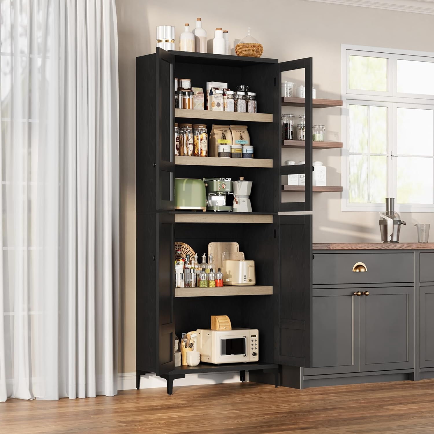 Hetoy 71-Inch Tall Storage Cabinet, Kitchen Food Cabinet, 5-Shelf Bathroom Cabinet, Glass Door with 4-Door Adjustable Shelves for Kitchen, Dining Room, Bathroom, Black