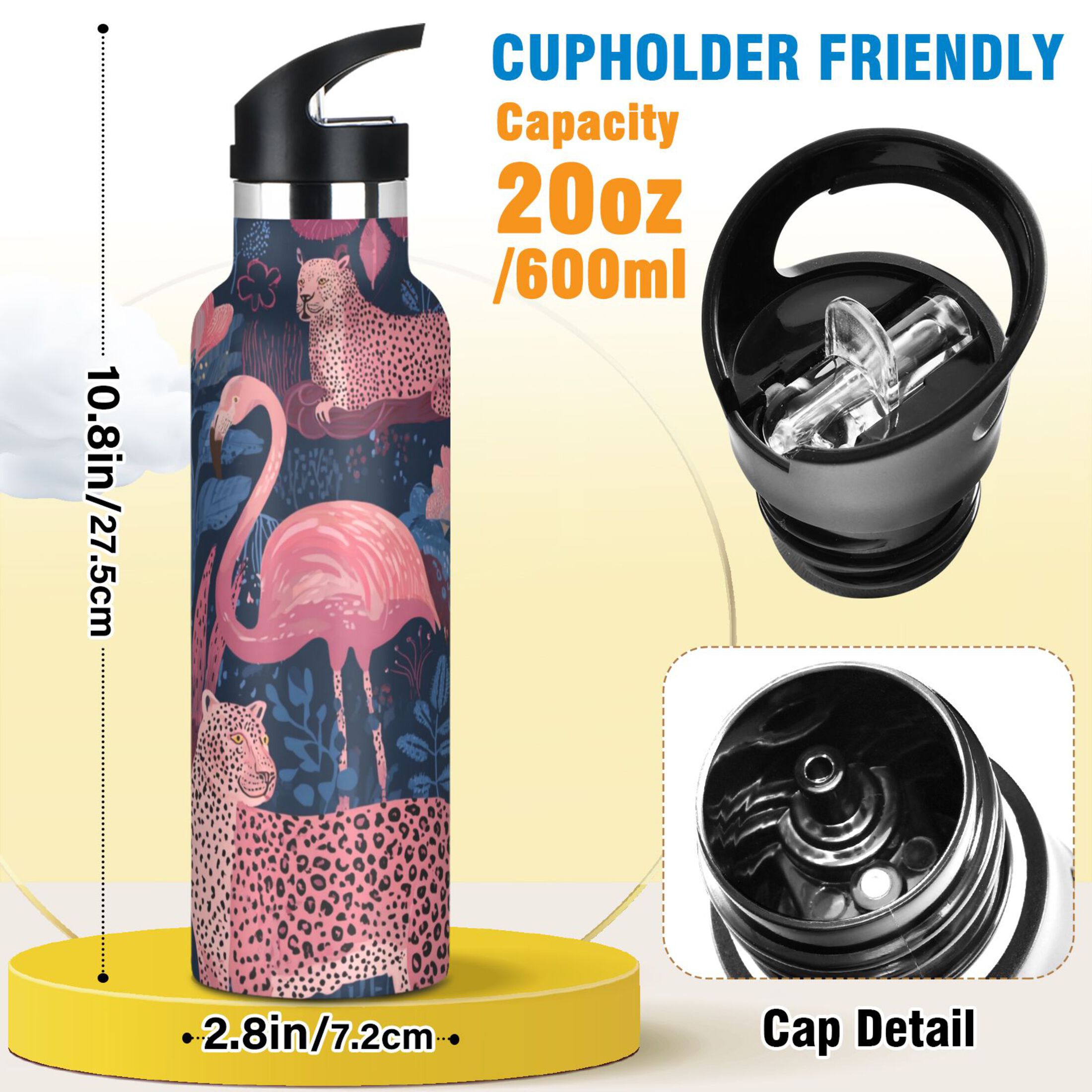 Kids Insulated Stainless Steel Sports Water Bottle 600ml (20oz) Flamingos and Leopard Print