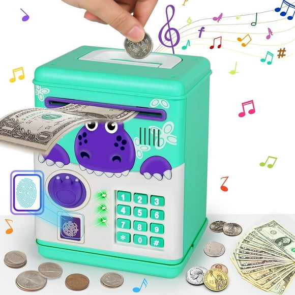 Dinosaur ATM Piggy Bank Toys for Real Money for Kids Safe with Digital Fingerprint Password Cash Coins Saving Treasure Box for Boy Girl Birthday