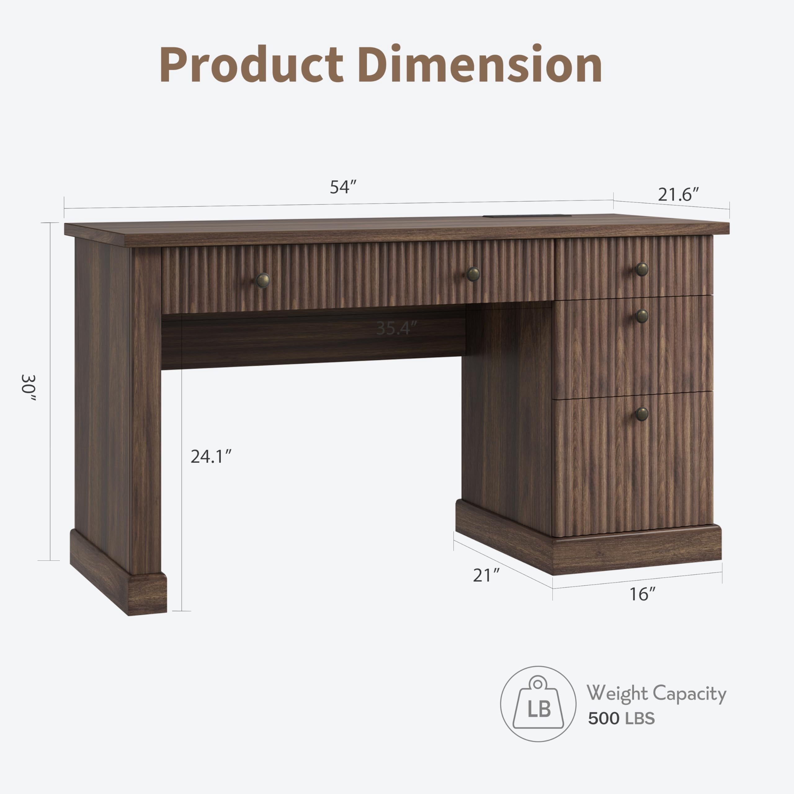 Accreate 54'' Fluted Home Office Desk with Storage, Modern Executive Desk with Charging Station, Wooden Computer Desk with Drawers for Storage File, Writing Desk for Study, Living Room, Bedroom