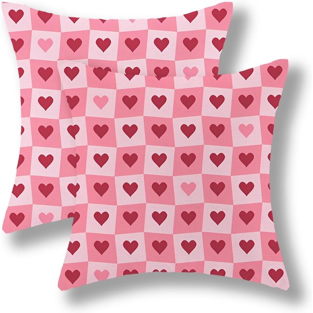 Housses de Coussin de la Saint-Valentin 18x18 Ensemble de 2, Décor Cœurs Rouges Coussins Décoratifs Roses en Lin Anniversaire Mariage Décorations de la Saint-Valentin pour Maison Canapé Extérieur
