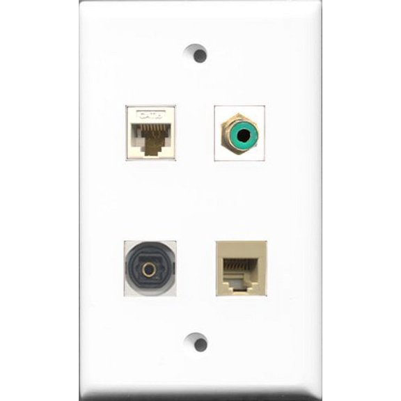 RiteAV 1 Port RCA Green and 1 Port Phone RJ11 RJ12 Beige and 1 Port Toslink and 1 Port Cat6 Ethernet White Wall Plate