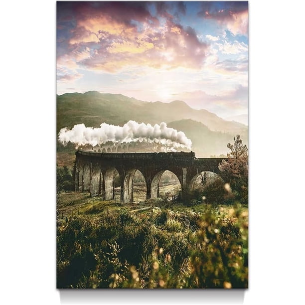 Arte mural de paisaje con montañas, lago y atardecer. Cuadro con amanecer y pastizal, ideal para decorar dormitorios, escaleras y todo el hogar.