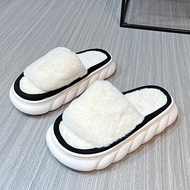 Zapatillas peludas con plataforma para mujer, zapatos de casa de felpa suave con punta abierta, chanclas cálidas para interior y exterior, suela antideslizante, chanclas esponjosas, 2022 Gao Jinjia LED