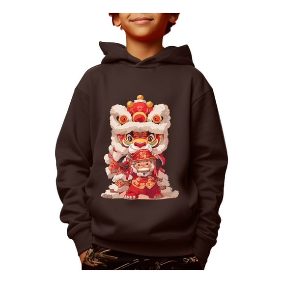 Happy New Year Cartoon Lion Dance Print Hoodies For Kid Boys - Casual Graphic Design With Stretch Fabric Pullover Sweatshirt