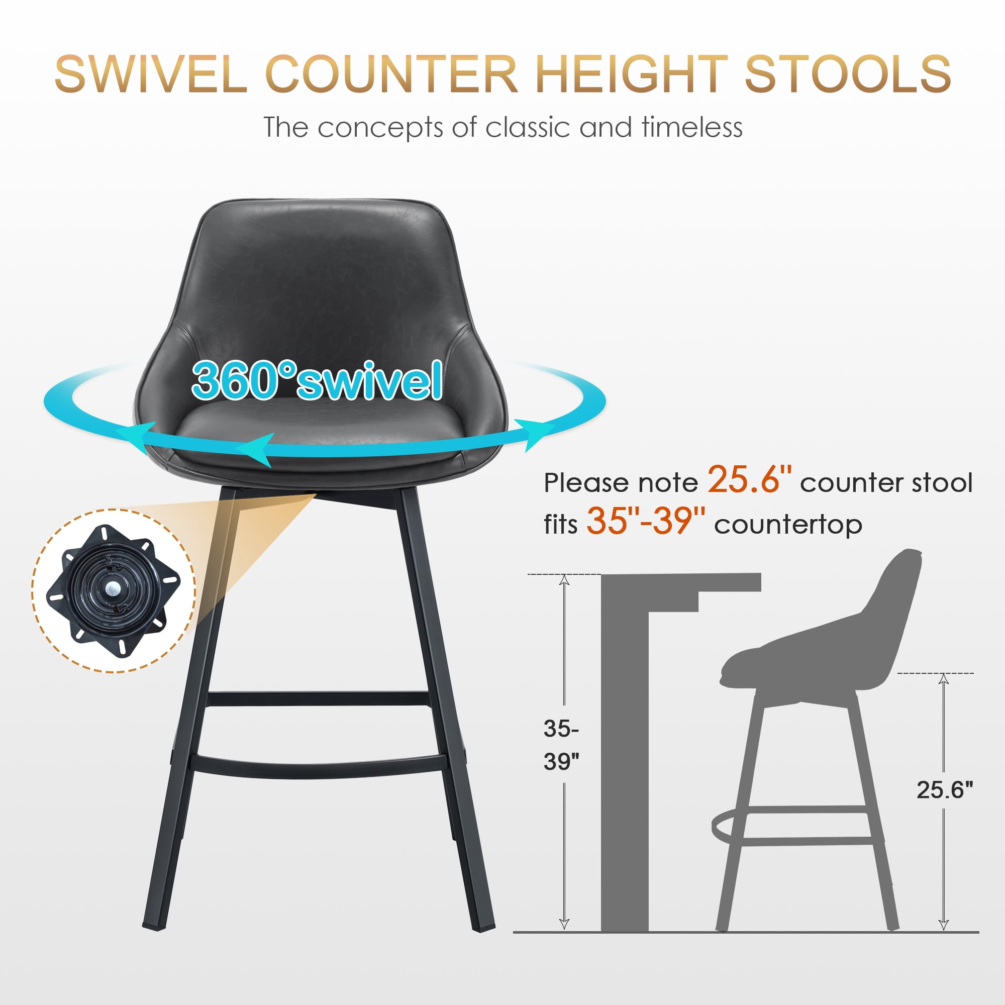 Zesthouse 25.6" Swivel Counter Height Bar Stools Set of 2, Modern Counter Height Chairs with Backs and Metal Legs, Upholstered Faux Leather Barstools for Kitchen Island, Dark Gray