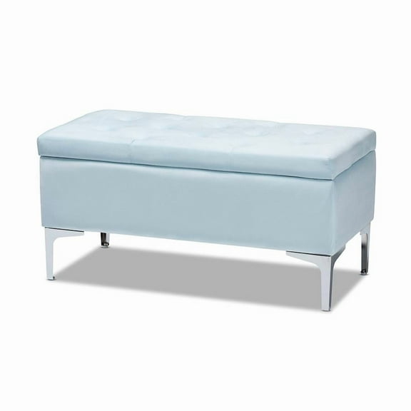 Mabel Modern Transitional Light Blue Velvet Fabric Upholstered Silver Finished Storage Ottoman