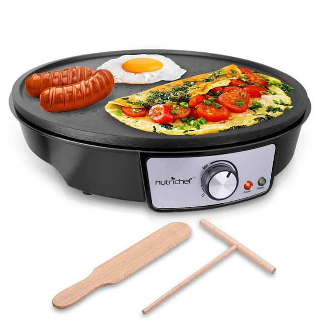 NutriChef Electric Griddle & Crepe Maker | Nonstick 12 Inch Hot Plate Cooktop | Adjustable Temperature Control | Batter Spreader & Wooden Spatula | U