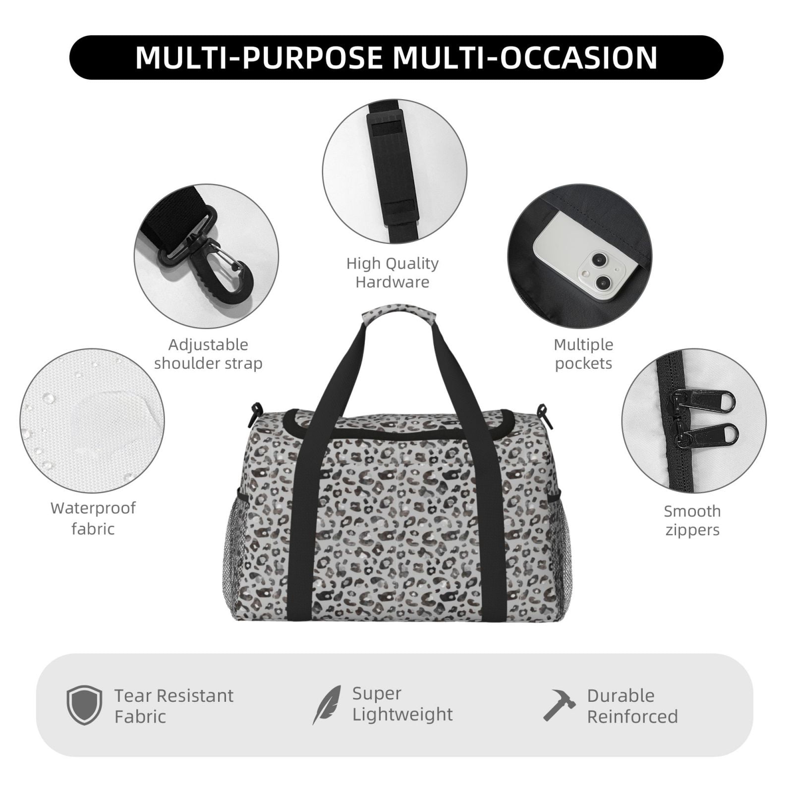 Ratiio Wild Animal Leopard Print Pattern Hand Travel Bag, Weekender Carry On for Women Men, Sports Gym Bag, Workout Duffel Bag, Overnight Shoulder Bag fit 15.6 Inch Laptop
