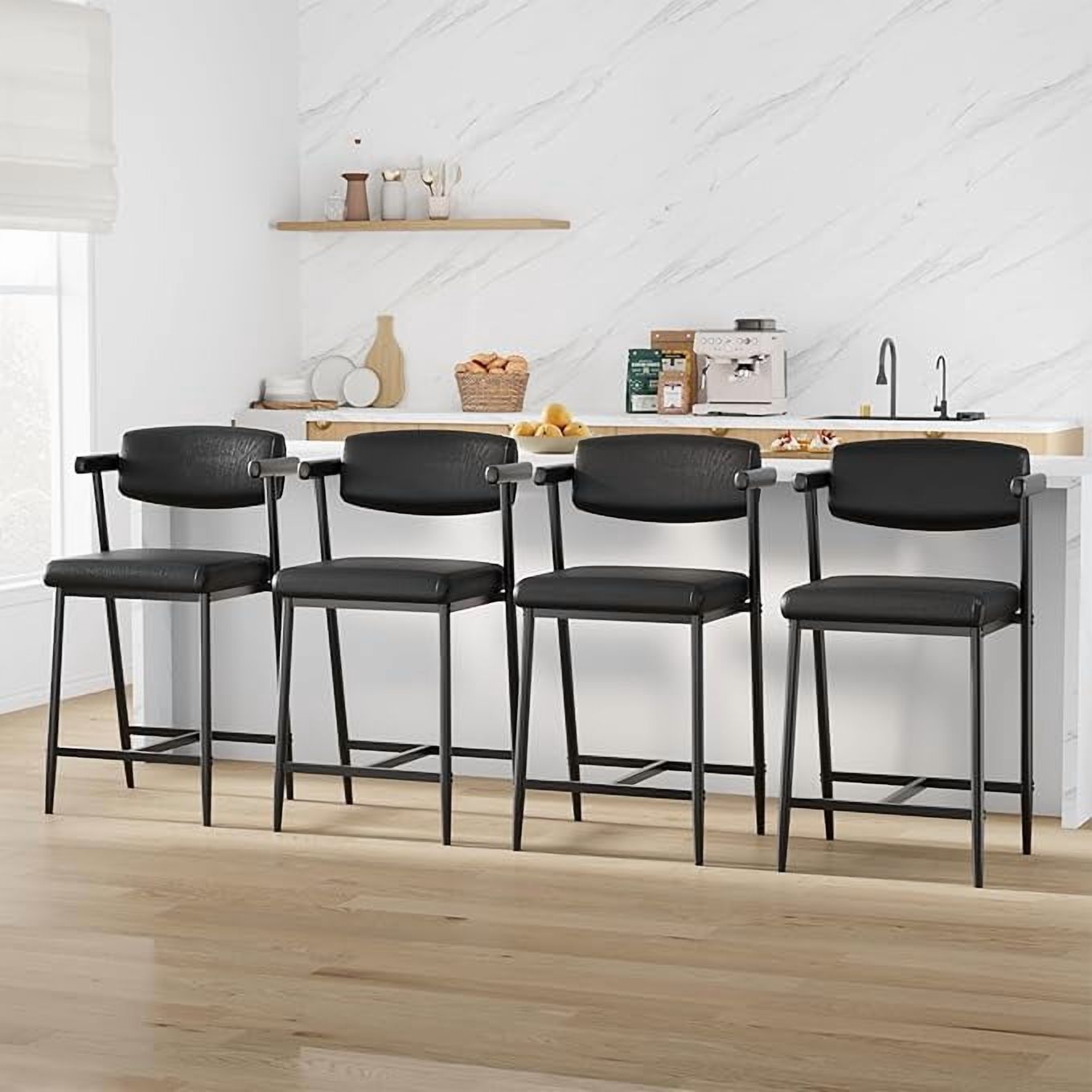 26'' Bar Stools Set of 4, Modern Counter Height Bar Stools with Arms & Backs, Kitchen Island Chairs, Leather Upholstered Barstools with Durable Rustic Black Metal Frame/Black Leather