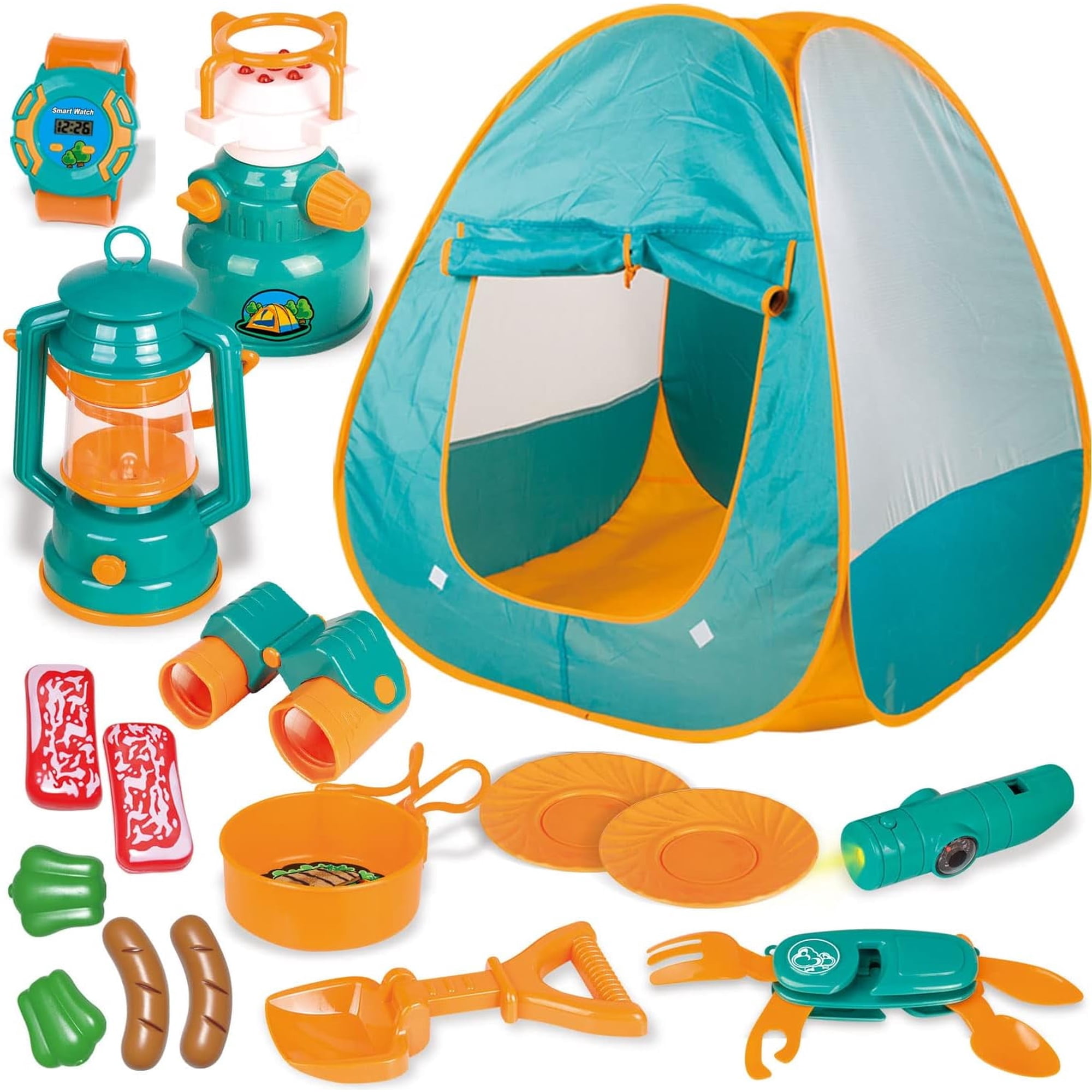 FUN LITTLE TOYS 17Pcs Kids Camping Pretend Play Set, Pop Up Play Tent with Light Up Stove Lantern Binoculars, Outdoor Adventure Toy Christmas Birthday Gifts for Toddlers Boys Girls Ages 3+