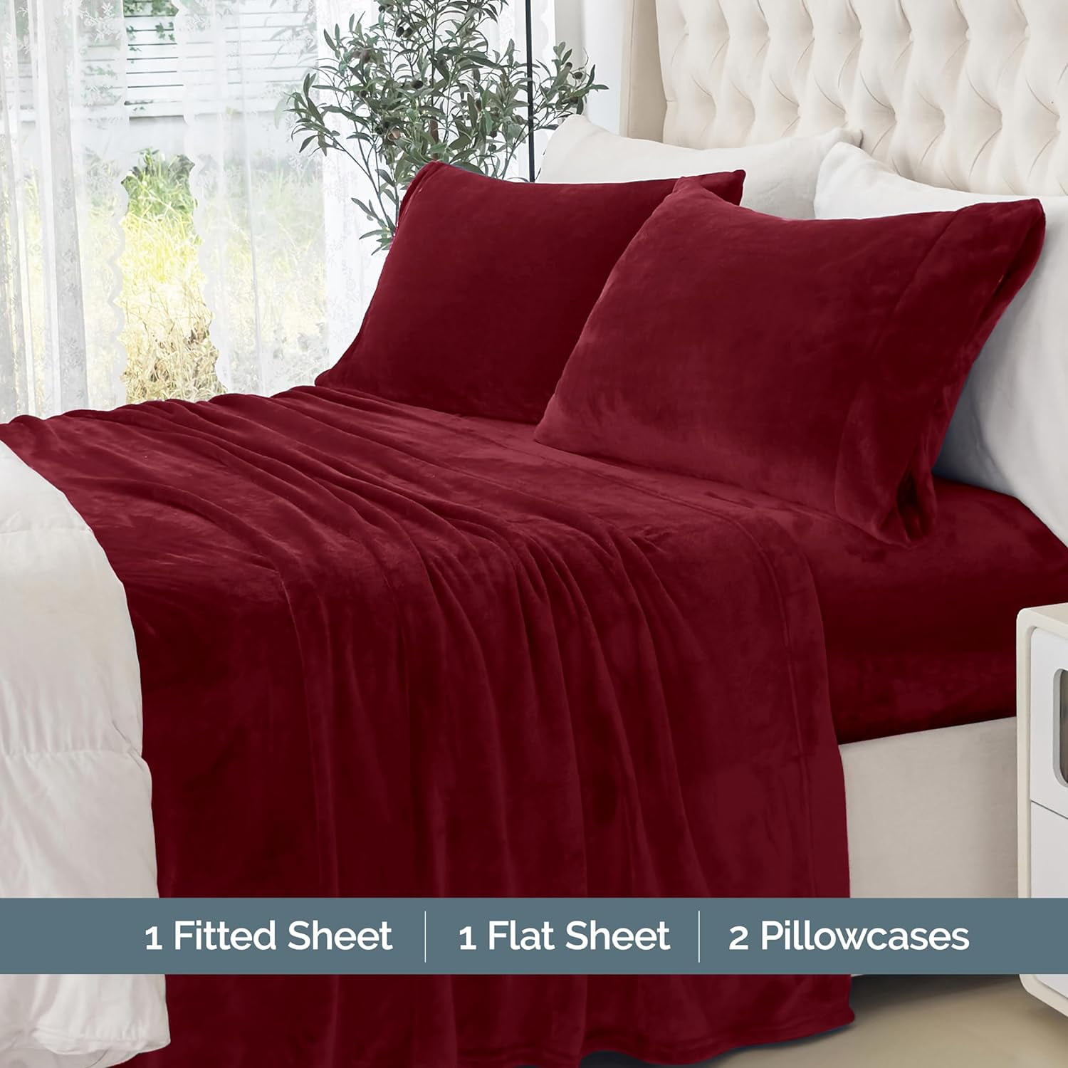Sheets N More Velvet Bed Sheets, 4-Pc Queen Red Solid Sheet Set (1PC Flat +1PC Fitted + 2 PC Pillowcases), Fits Mattress Upto 15