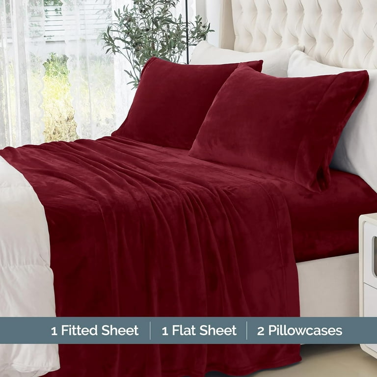 Elegant Comfort Velvet Fleece 4-Piece Twin Sheet Set, Burgundy