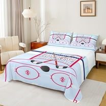 Manfei Hockey Print Bed Sheets 4pcs, Blue Red Ice Hockey Rink King Sheets, Sports Sheet Set, Microfiber Bedroom Decor