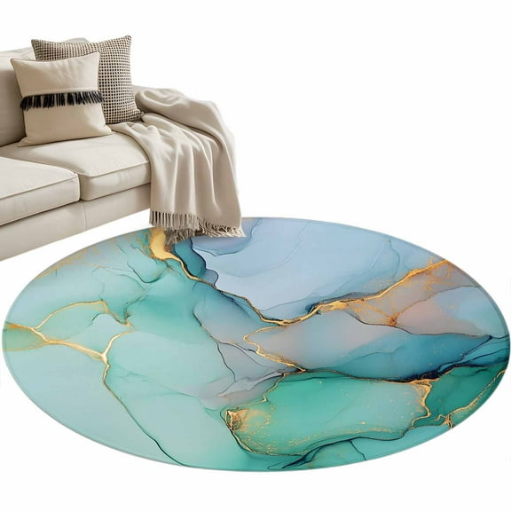Teal Round Area Rug 4 FT, Non Slip Indoor Outdoor Rug, Modern Marble Ink Painting Abstract Art Washable Soft Circular Carpet Non-Shedding Floor Mat for Coffee Table Nursery Foyer Balcony