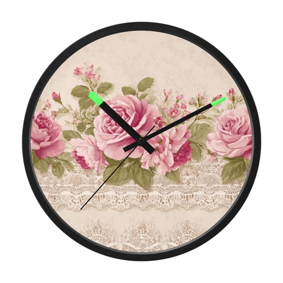 Indoor 12' Voice-Activated Luminous Decoration Wall Clock With LED Night Light Rose Floral Ribbon Border