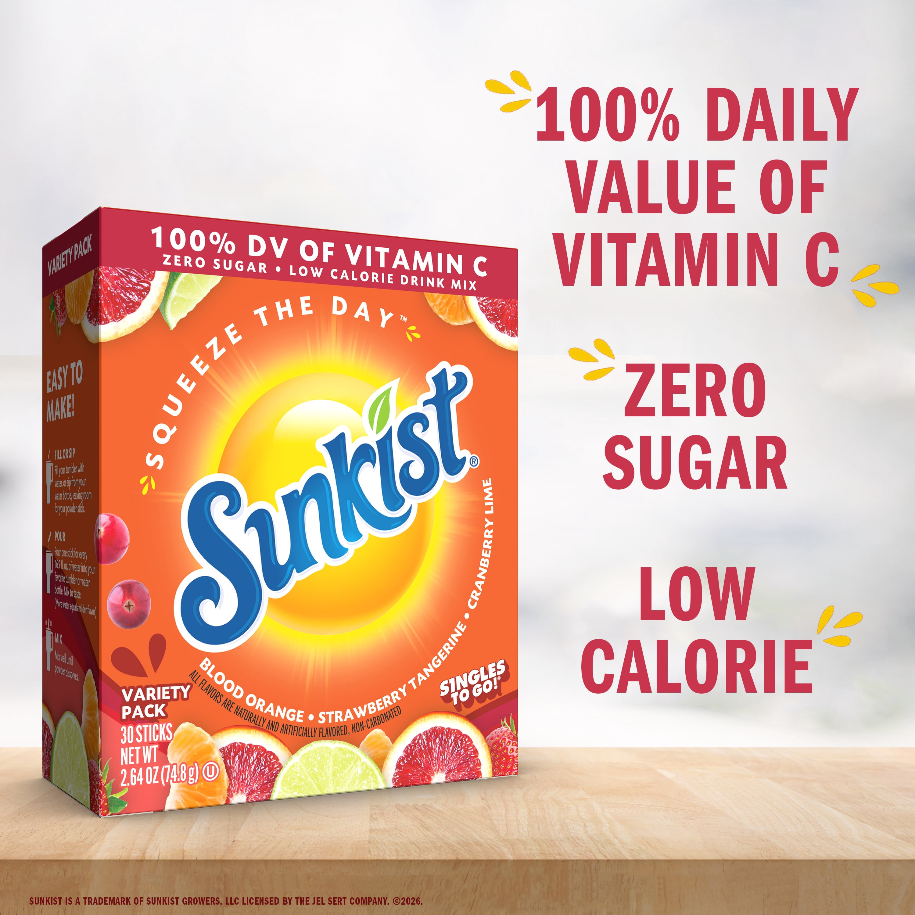 Sunkist Soda Flavors, Singles to Go Powdered Drink Mix Variety Pack, 30 Count Packets