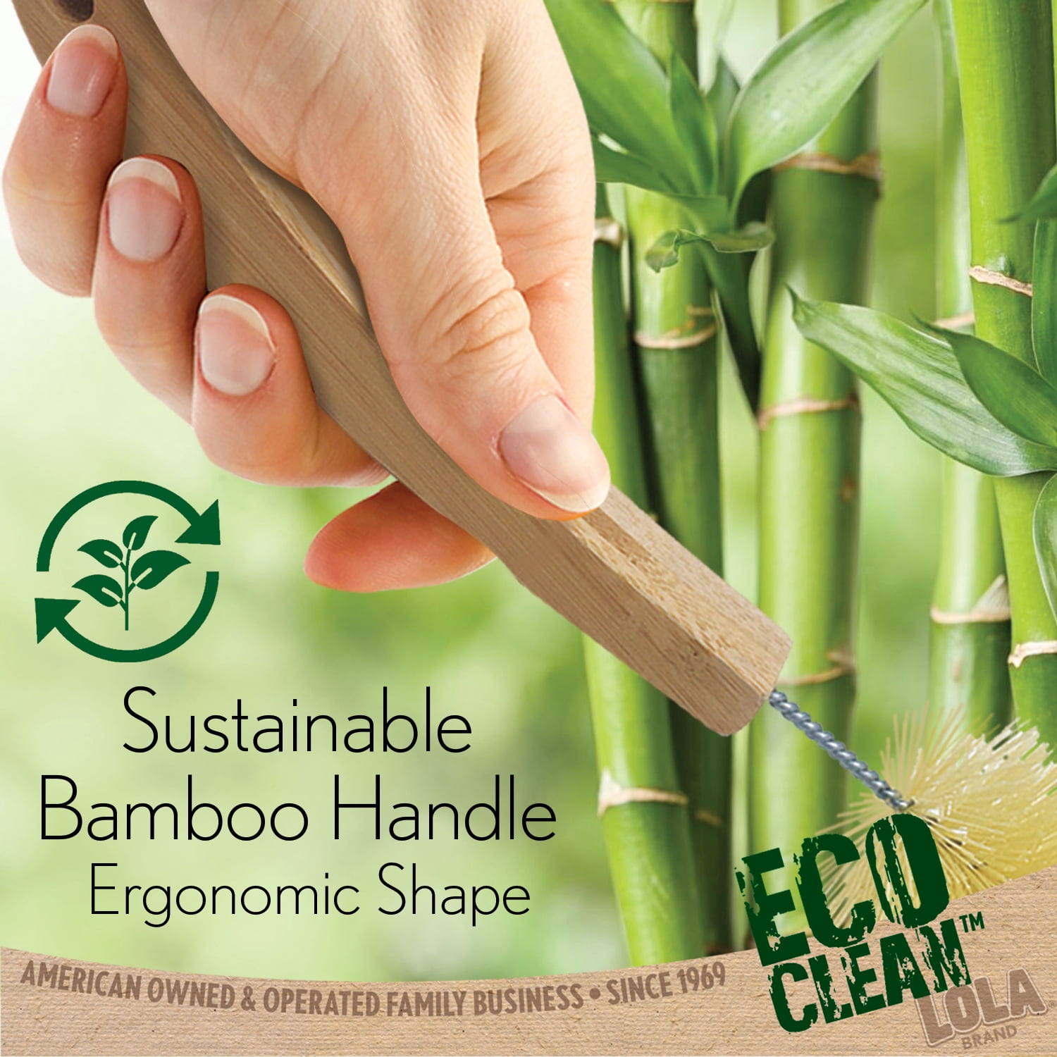 LOLA Bamboo Bottle Brush, 6 Pack, Ergonomic Durable Bamboo Handle, Non Scratch, Easy Storage, Bristles Made from Recycled Soda/Water Bottles