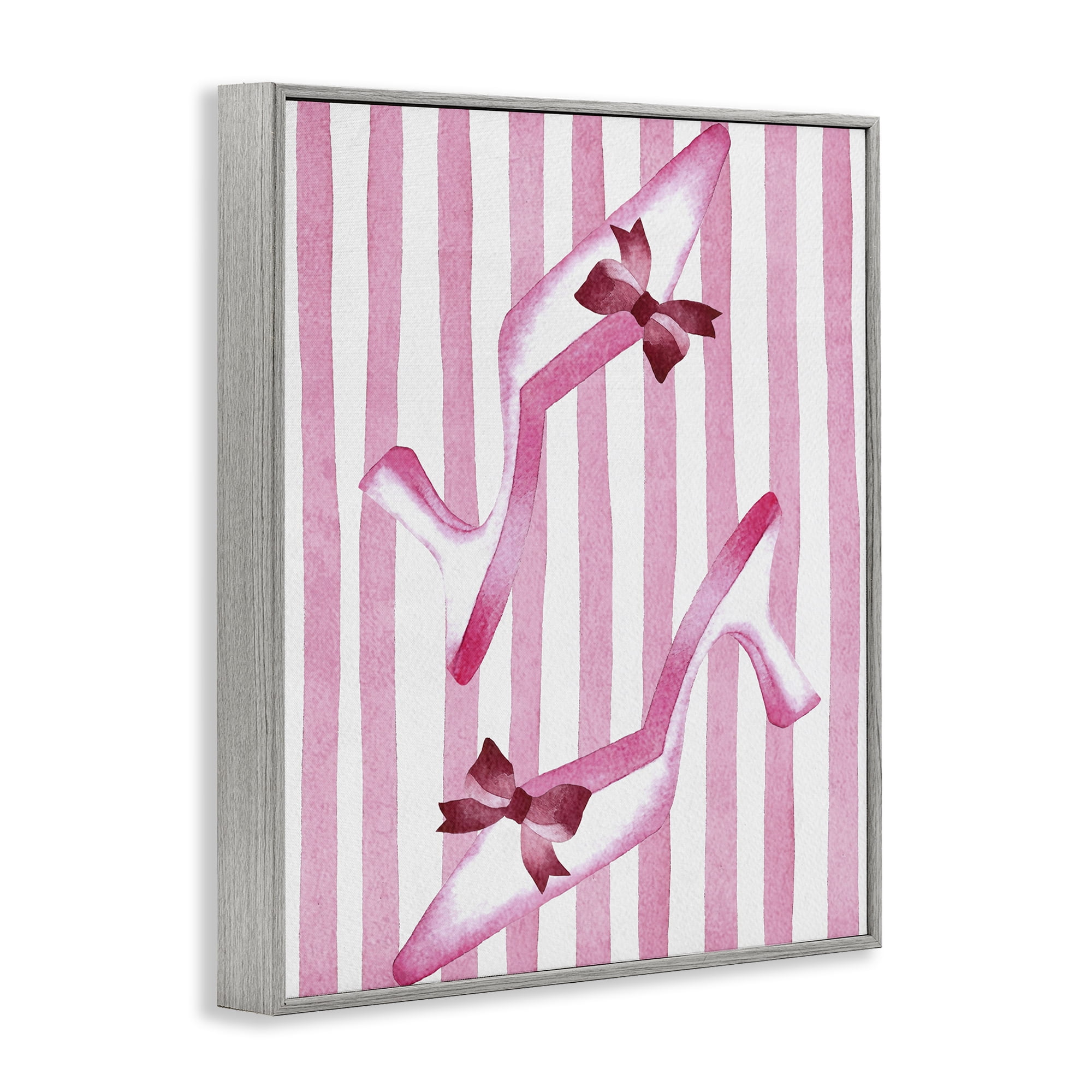 Stupell Industries Bow Heels on Pink Stripes Gray Framed Giclee Art, design by Camila Juncos