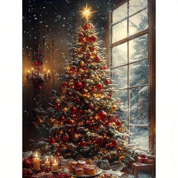 Vintage Christmas Tree by Window Snowy Scene Canvas Wall Art, Warm Light Christmas Ornaments Candle Gift Poster Print for Living Room Farmhouse Holiday Wall Decor