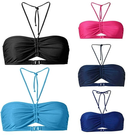 Jinhomg Women s Bandeau Bikini Top Trendy Spaghetti Strap Halter Bathing Suit Plain Solid Summer Beach Swimwear Pink L