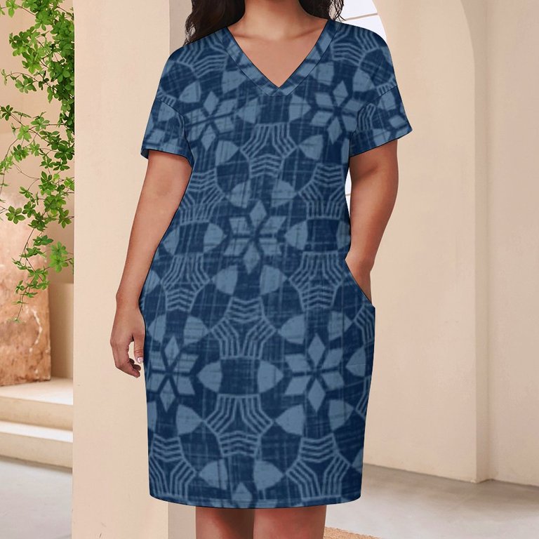 Womens Casual Dresses Blue Floral Textile Geometric Design Short Sleeve  Dress Summer Dresses for Women 2025