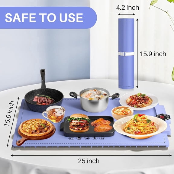 TOPCHANCES Food Warming Mat, Foldable Roll Up Silicone Electric Warming Tray with 5 Level Temperature, 9mm Anti-Scald Upgrade, 24H Heating by Appointment (Blue)