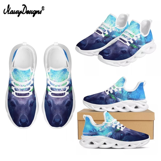 Noisydesigns - Zapatillas de plataforma blancas de verano para mujer, con estampado de ciervos y lunares, de malla transpirable coreana, con cordones