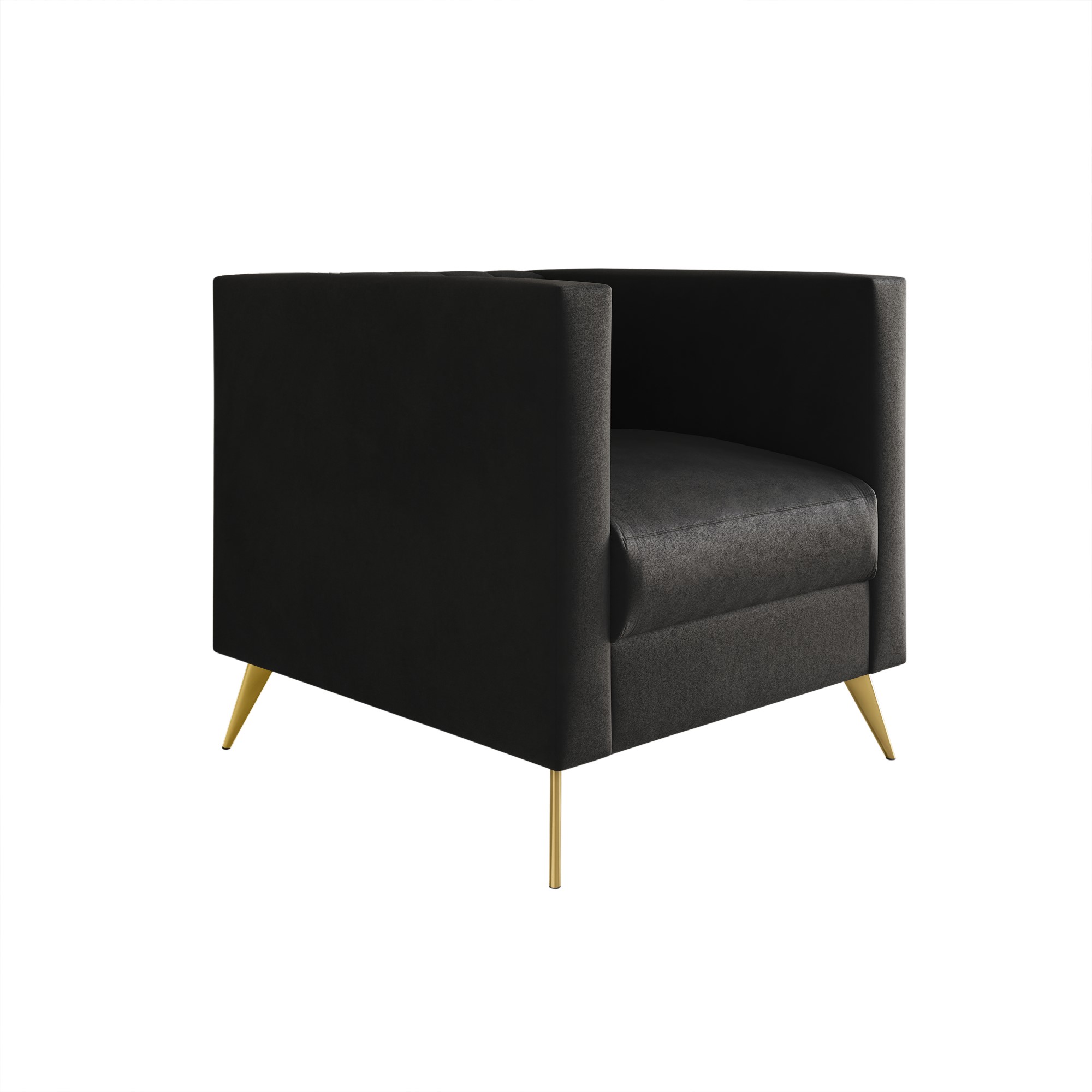 Home Design Weiss Velvet Square Arm Chair with Channel-Tufted Back and Gold Metal Legs, Modern Upholstered Living Room Seating, Black