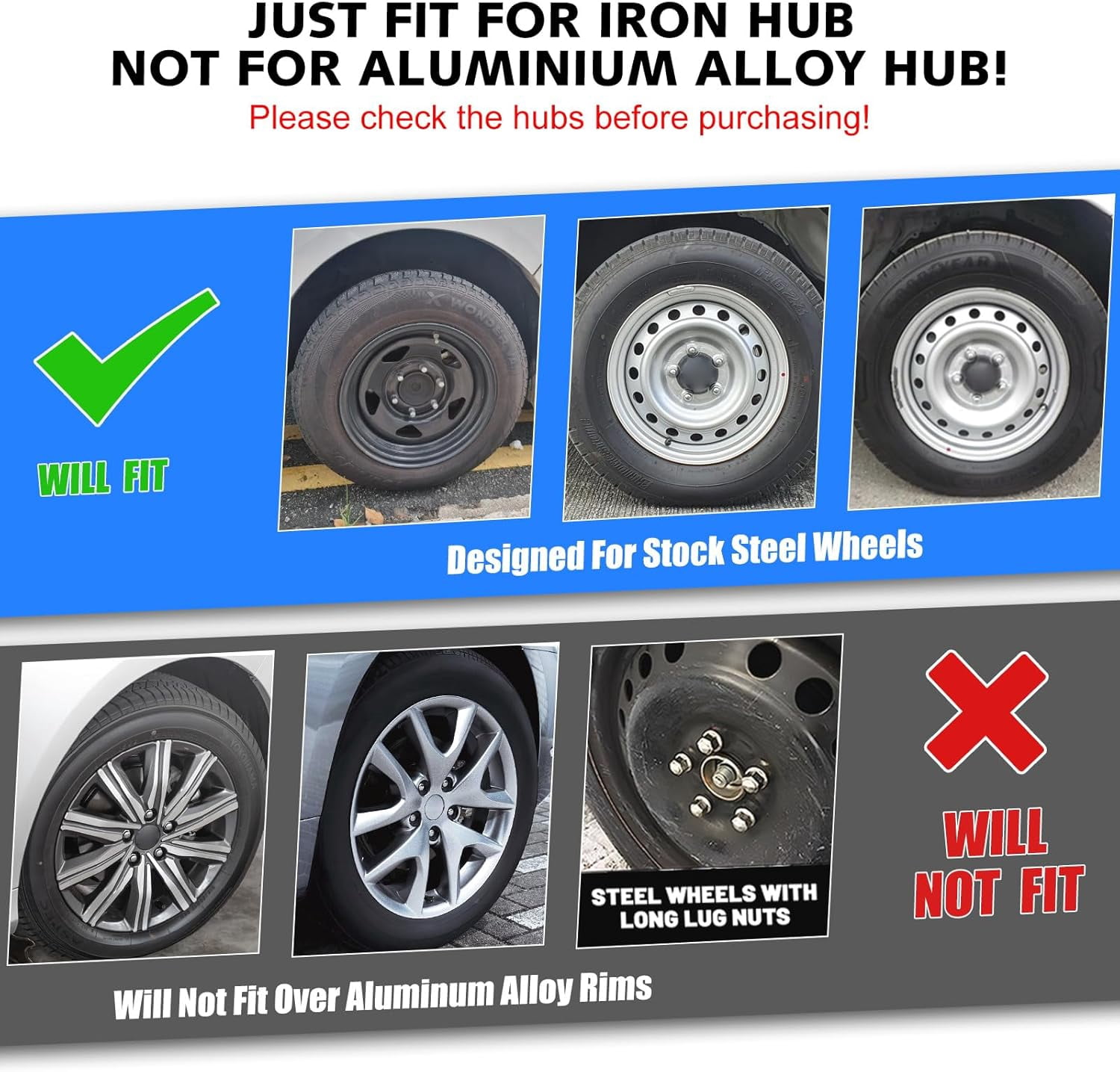 Set of 4,15" Universal Hubcap Wheels Cover Replacement for Car Truck SUV ABS&PC Hub Caps Accessories,Black Matte