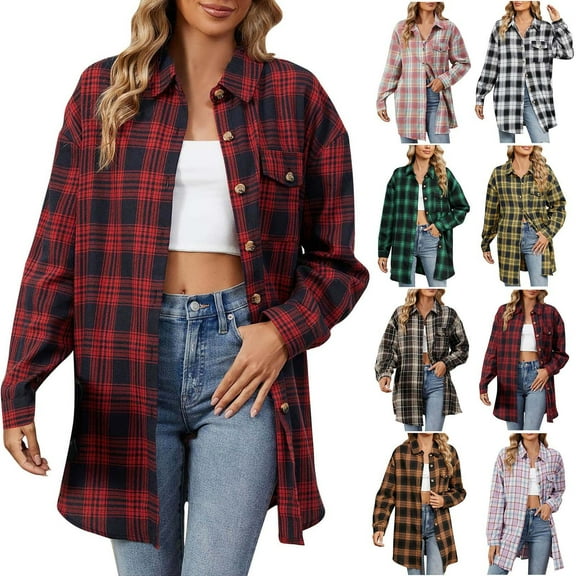 UVEASISHA Shackets for Women 2024 Business Casual Plaid Shirts Fall Long Sleeve Button Down Lightweight Jackets Womens Plus Size Loose Office Shirt with Pocket Winter Sale,Pink,L