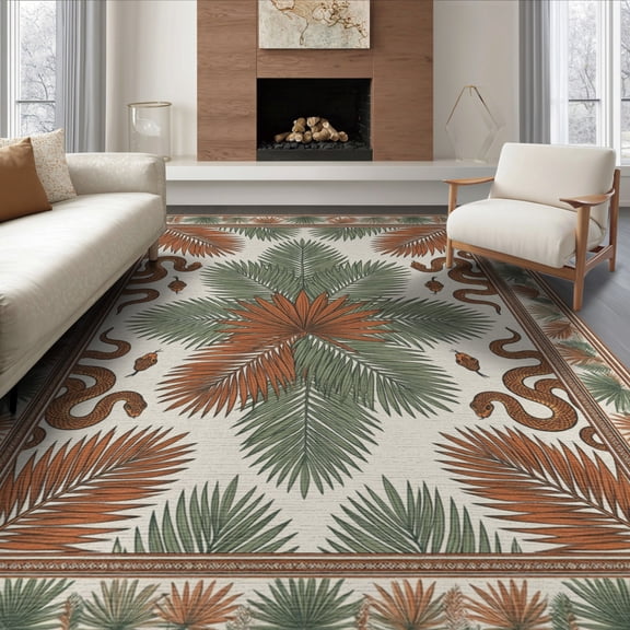 ODIKA 8'x10' Washable Area Rug Durable, Non-Slip Aesthetic Boho Jungle Motif With Palm Frond Accents Snake Tropical Refined for Living Room, Under Sectional, Family