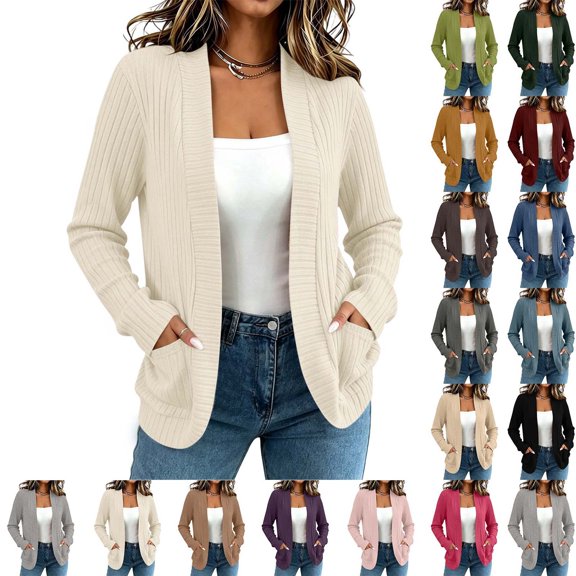XRoczxe Women Ribbed Knit Open Front Cardigan, Long Sleeve Solid Color Casual Sweater Coat with Pockets for Spring Fall Winter Daily Outfits Beige