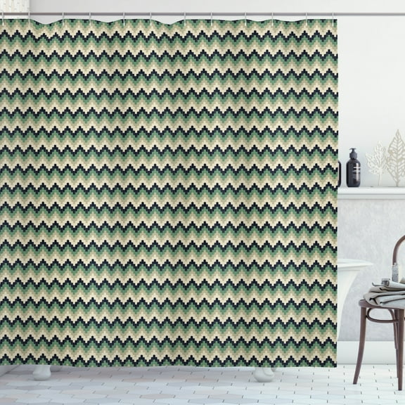 Abstract Shower Curtain, Digitally Generated Wavy Zigzags Pattern, Fabric Bathroom Set with Hooks, 69W X 84L Inches Extra Long, Dark Night Blue Laurel Green Dark Eggshell and Beige, by Ambesonne