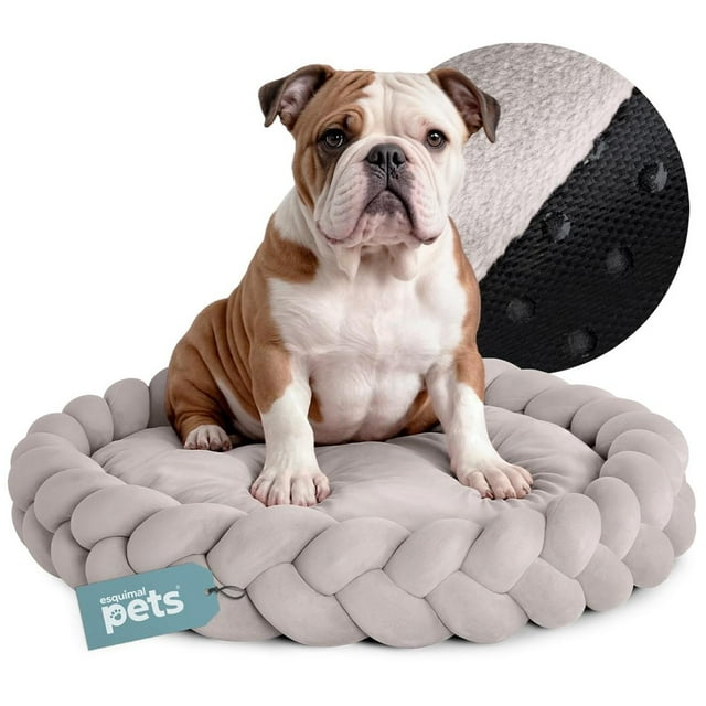 Cama Redonda Esquimal Beige Trenzado Cojín Antiestrés Lavable para Perro y Gato Mediano