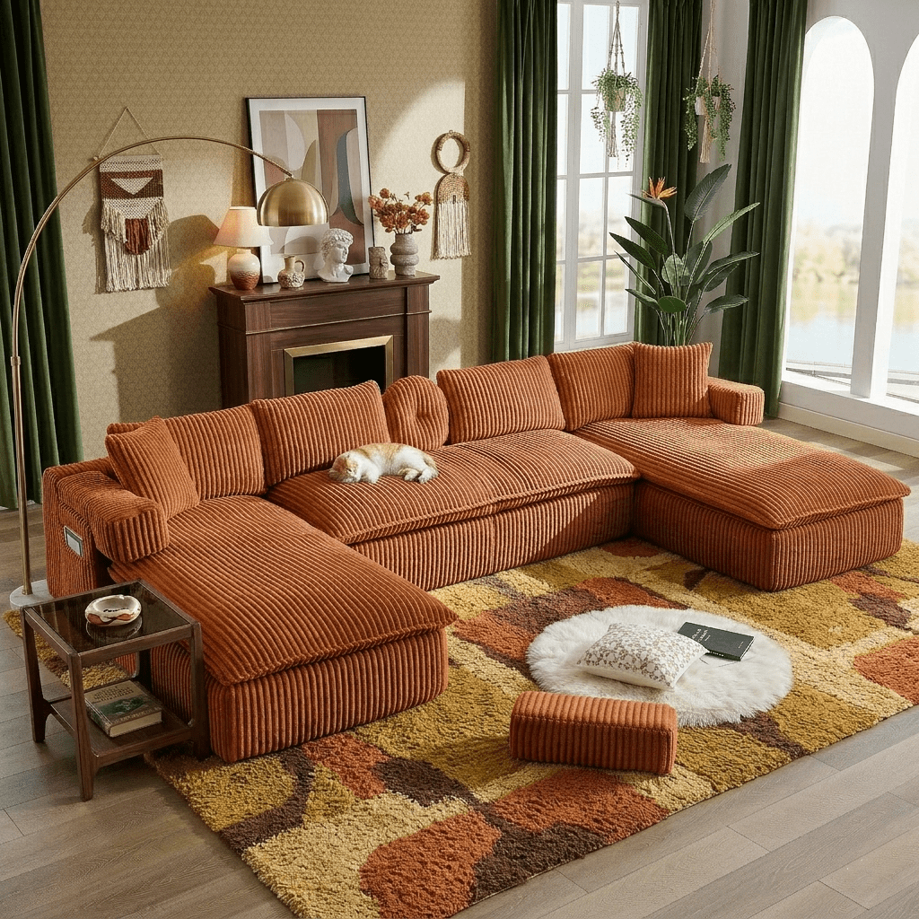 Howcool 149"W Oversized Modular Sectional Sofa,7-in-1 Corduroy U Shaped Sofa Couch with Double Chaise Lounge,Convertible Sleeper Sofa Bed,Deep Seat Cloud Couch for Living Room,Orange
