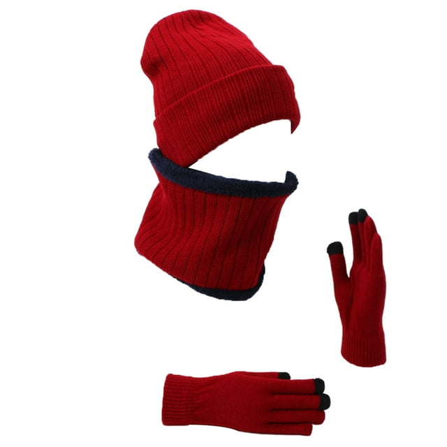 de 3 bufandas y guantes para gorro Invierno Cálido tejido térmico Fibras acrílicas Gorro Gorro Calentador de cuello y pantalla táctil - ROJO