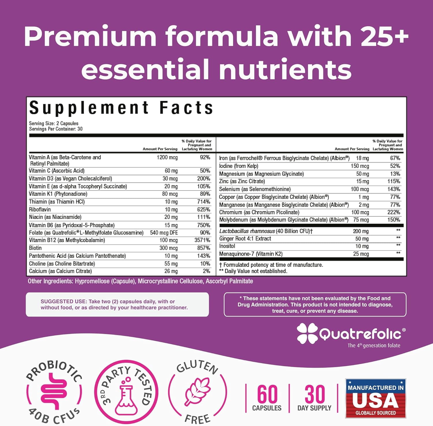 NatureGenX Prenatal Vitamins for Women provide a carefully formulated blend of over 27 essential nutrients to support nutritional needs during pregnancy and breastfeeding. With key ingredients like m