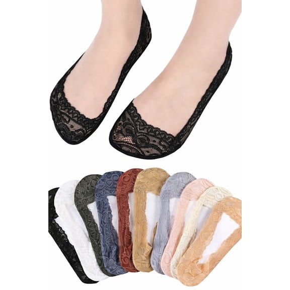 5 Pairs Womens Lace Ankle Socks Non Slip Low Cut and No Show Lace Socks Sets for Loafers Flats