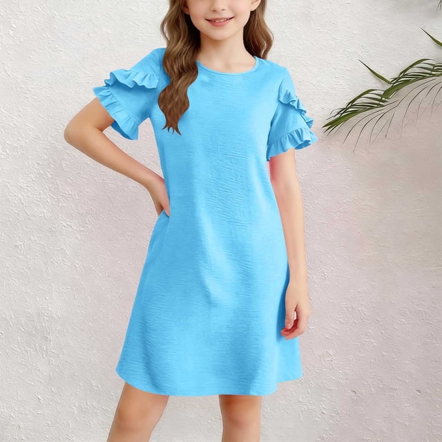EGNMCR Robe Unie à Manches Courtes et Col Rond pour Enfants, Jupe Décontractée Confortable pour Filles, Polyester