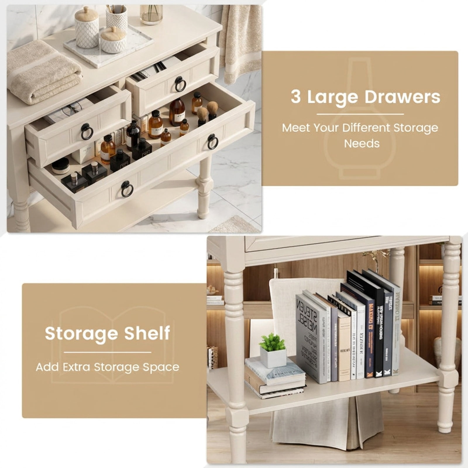 Furnibear Narrow Console Table with 3 Storage Drawers Open Bottom Shelf and Solid Wood Legs for Entryway Hallway and Living Room, Beige