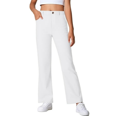 Tfken Toddler Child Girls Pants Size 5-6 Years Solid Color Straight-Leg Relaxed Elastic Waist Daily Wear Uniform School White Trousers