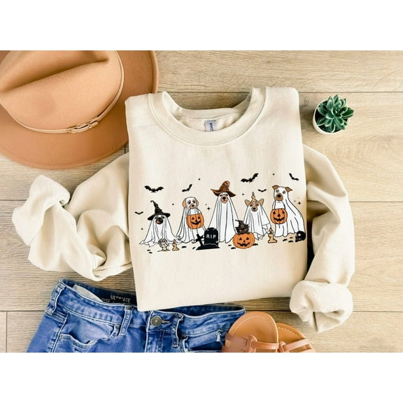 Cute Halloween Ghost Dogs Sweatshirt | Funny Dog Lover Fall Pullover for Men & Women | Spooky Season Gift