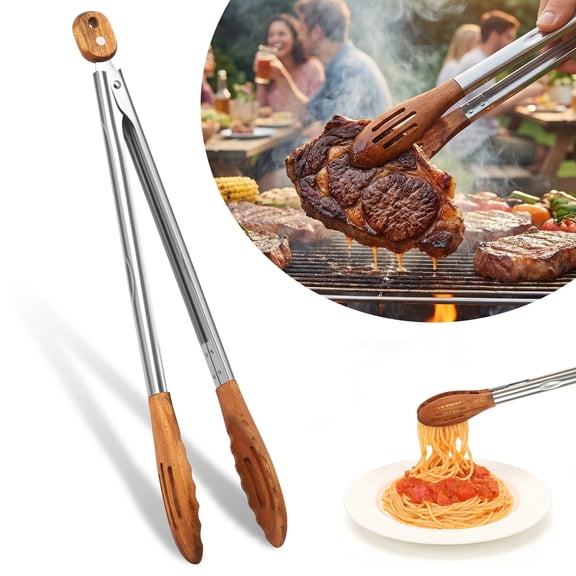 Wooden Tongs for Cooking 15.5in Heavy Duty Stainless Steel BBQ Grill Tongs with Non-Stick Acacia Wood Tips